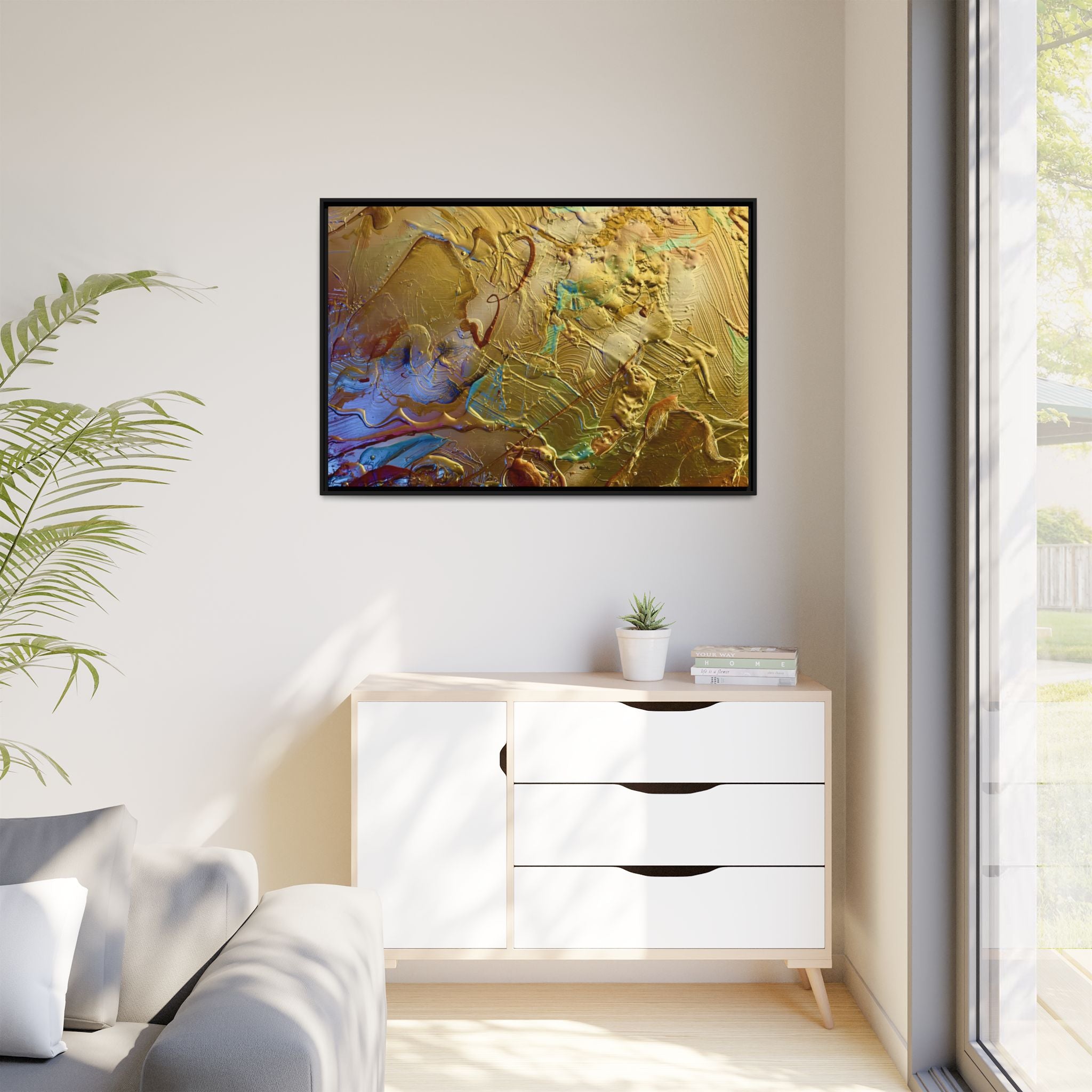 Framed Abstract Metallic Gold Canvas Print — Modern Textured Wall Art