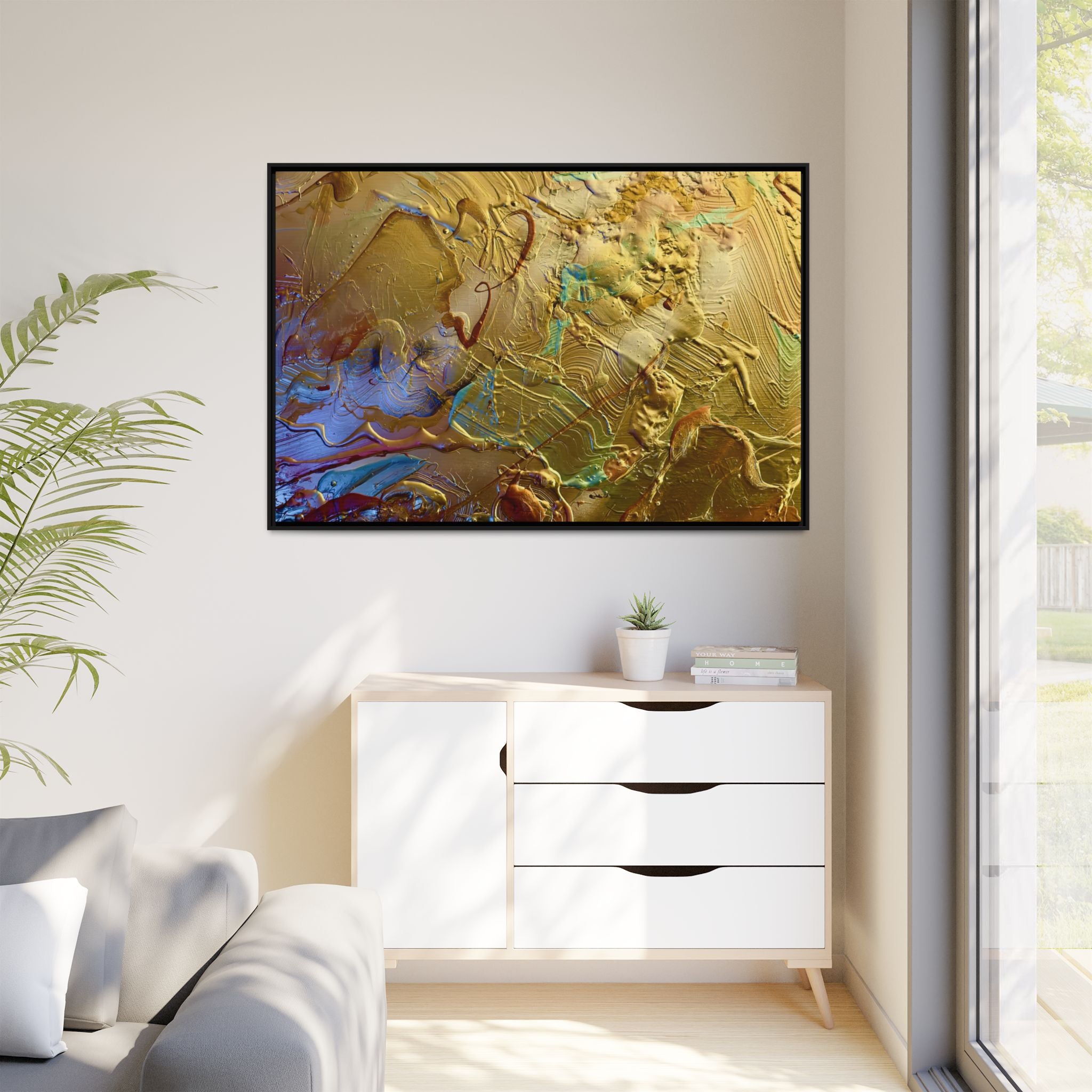 Framed Abstract Metallic Gold Canvas Print — Modern Textured Wall Art